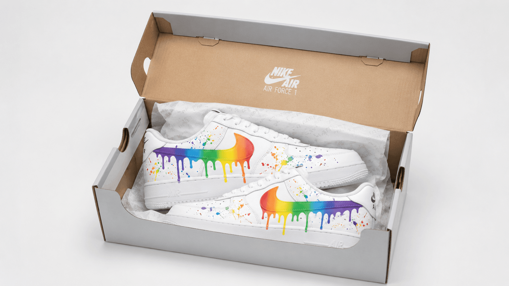 Finished hand-painted sneakers boxed for shipping