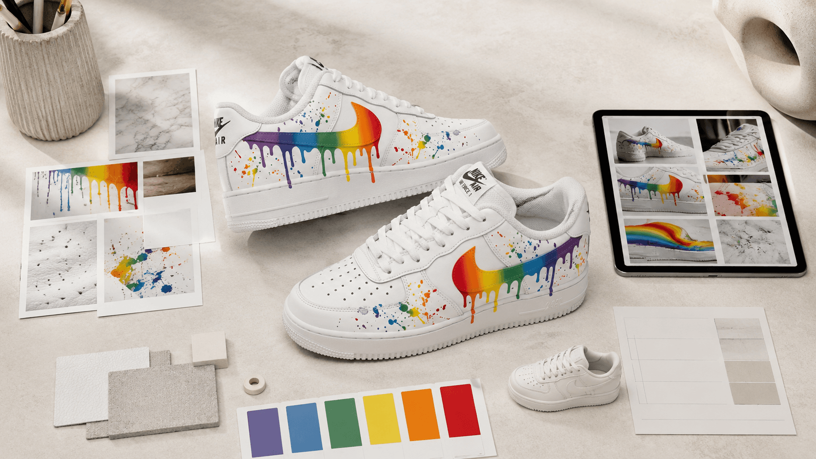 Custom sneaker concept with paint swatches and hand-painted Air Force 1 references