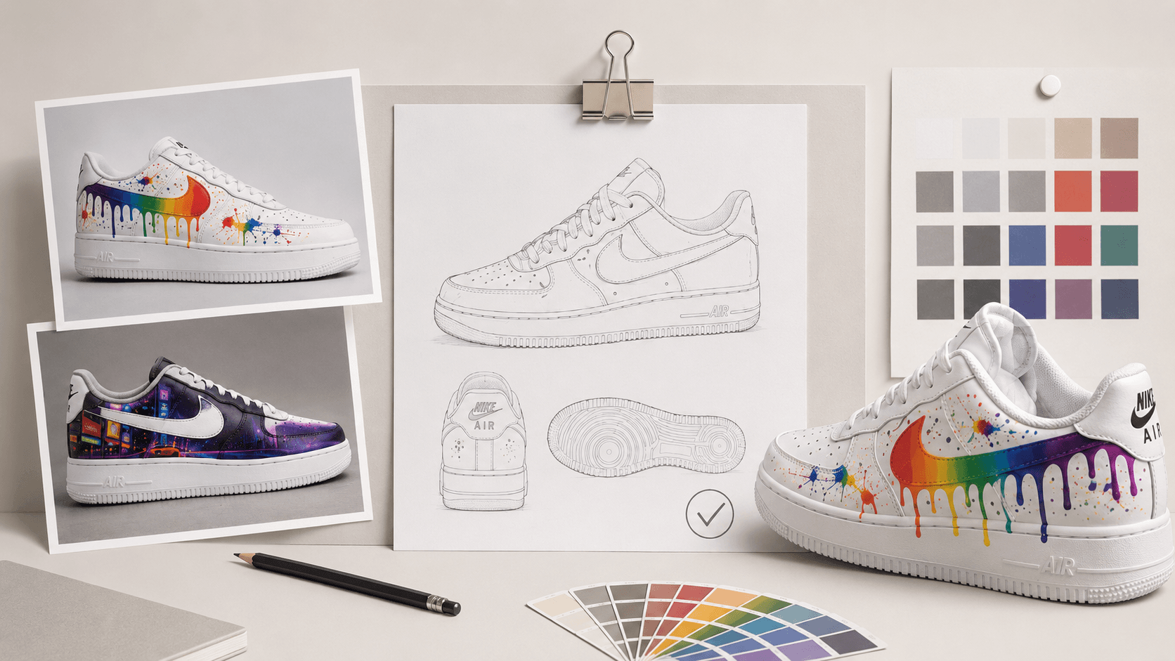 Custom sneaker concept sketch beside finished hand-painted shoes