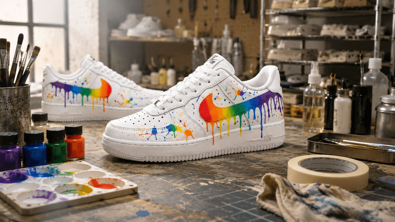 Hand-painted custom sneaker finish being sealed