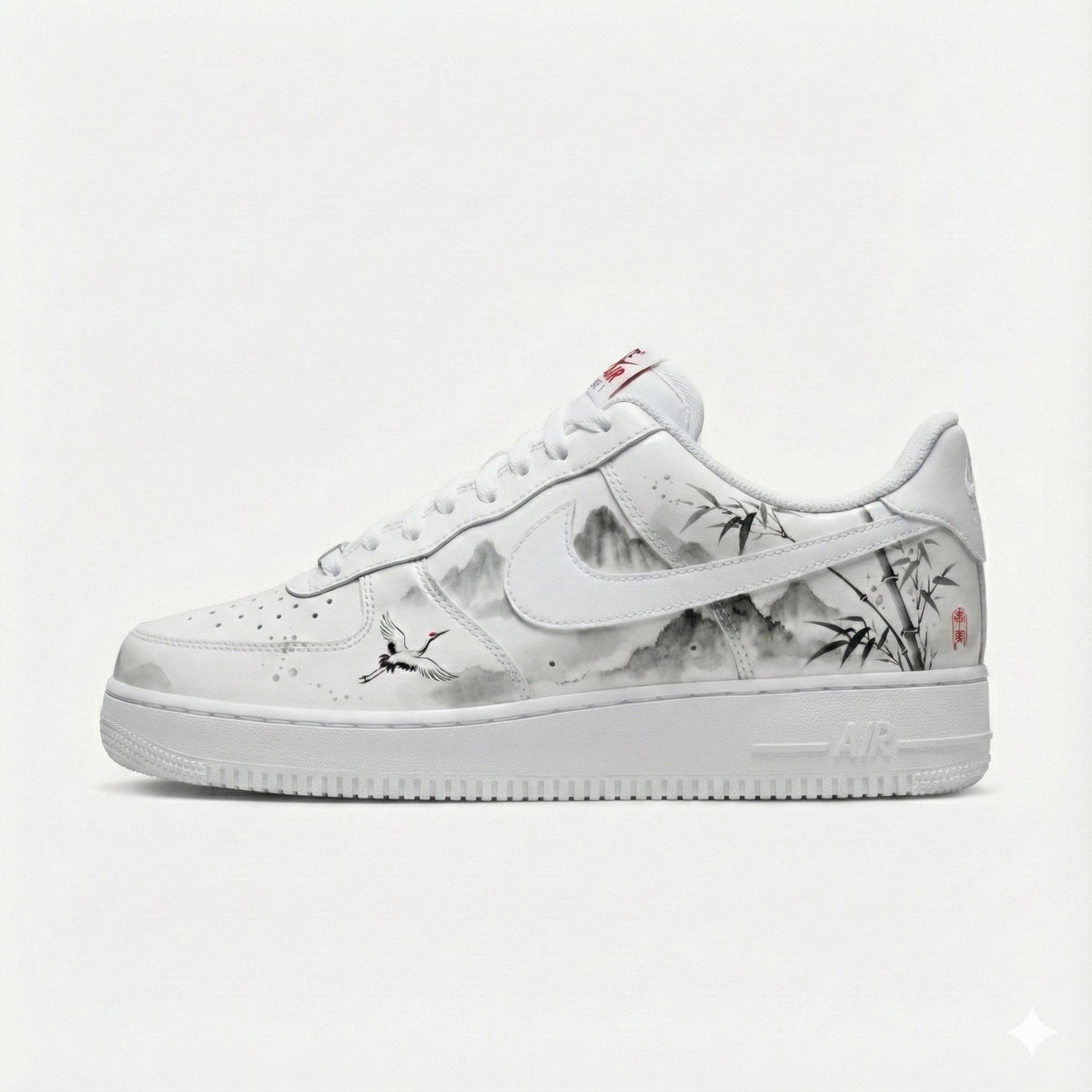 Custom Hand-Painted Nike Air Force 1 Shoes | Chinese Ink Wash | Oriental Zen Sneakers AF1