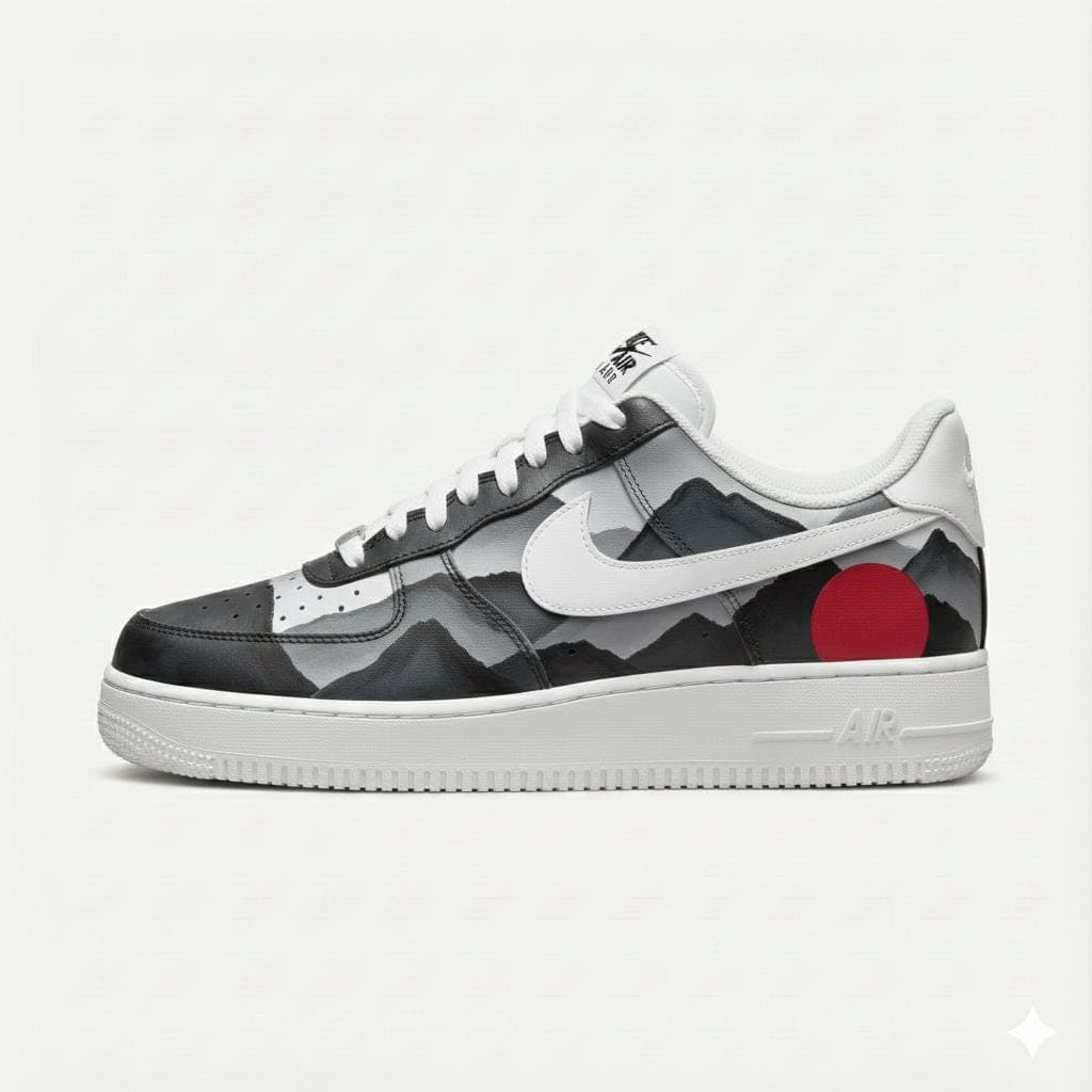 Custom Nike Air Force 1 Shoes | Japanese Rising Sun Ink Wash | Mountain Sneakers AF1