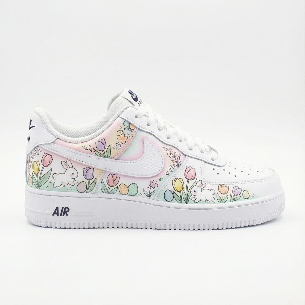 Hand-Painted Air Force 1 Sneakers – Easter Bunnies, Kawaii Tulips Custom Hand Painted AF1