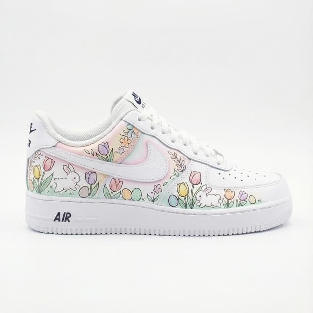 Hand-Painted Air Force 1 Sneakers – Easter Bunnies, Kawaii Tulips Custom Hand Painted AF1