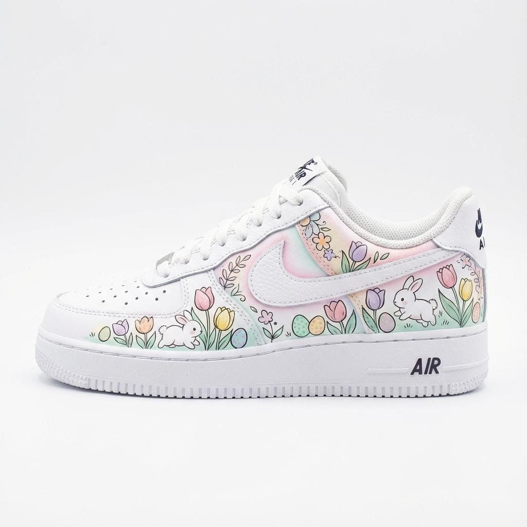 Hand-Painted Air Force 1 Sneakers โ Easter Bunnies, Kawaii Tulips Custom Hand Painted AF1