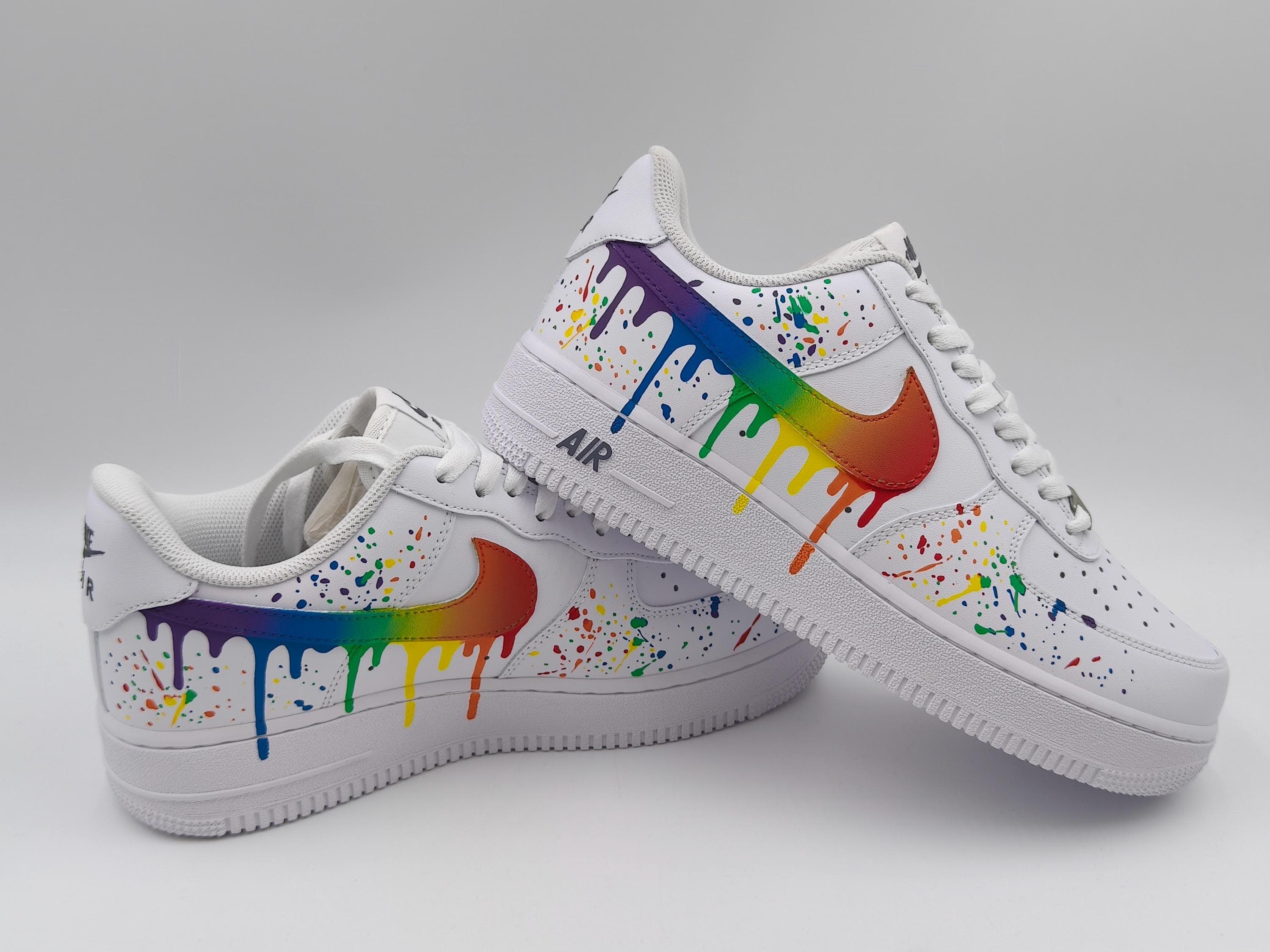 Custom Nike Air Force 1 Shoes | Rainbow Swoosh Paint Splatter | Pride Sneakers AF1